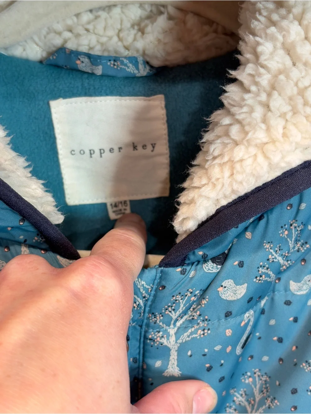 Copper Key Girls Sherpa Lined Hooded Puffer Vest Blue Swan Winter print cottage